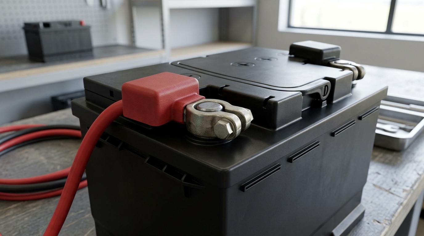 Close-up of a BCI group size 35 car battery, highlighting the red positive terminal and its performance specifications label.