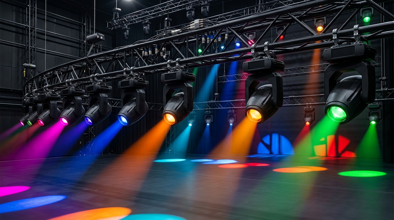 Moving head stage lighting with big head fixtures projecting a vibrant, fluid wash of color across a large stage.
