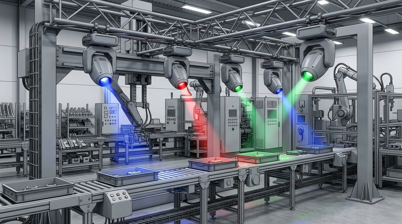 Moving head stage lights on stands project colorful beams, creating a dynamic background for a live performance.