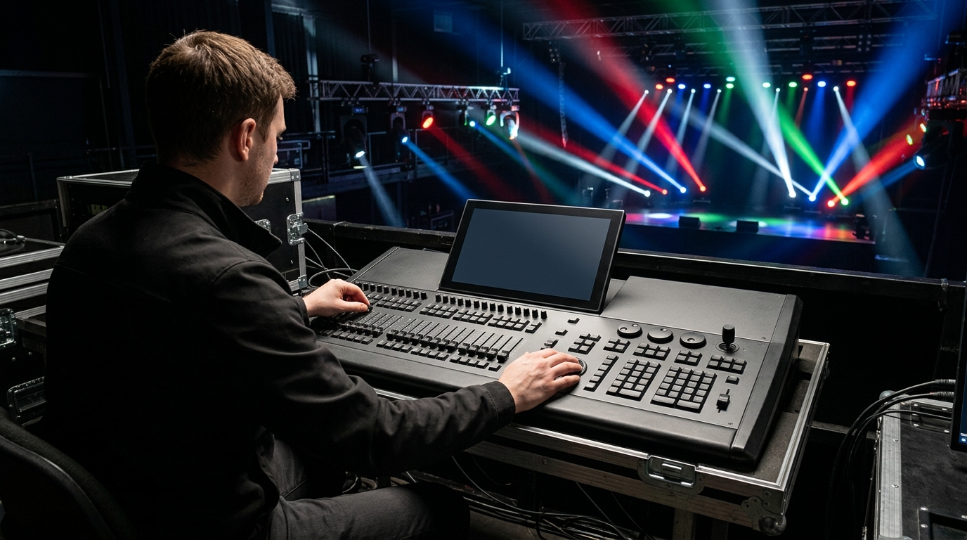 A technician programs a DMX lighting console, with vibrant beams from moving head stage lights in the background.
