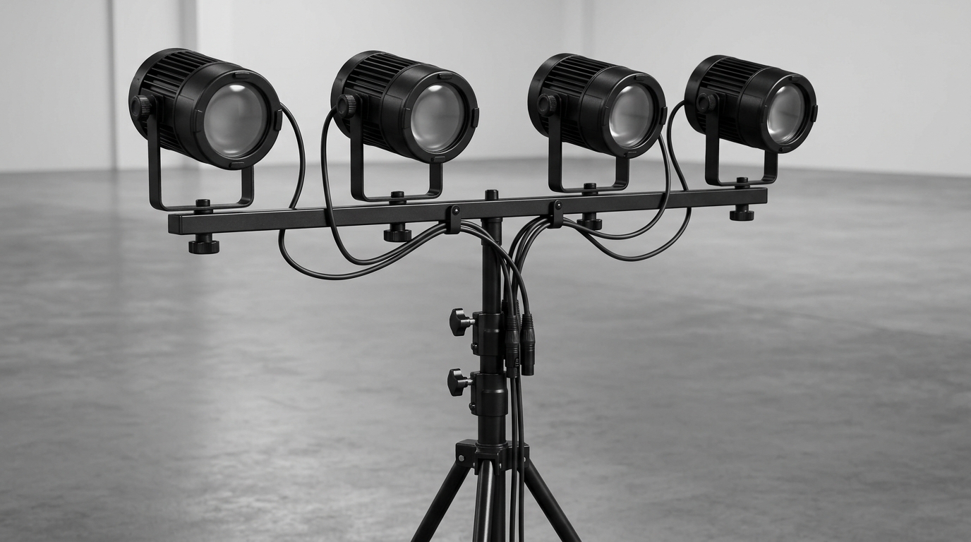 Four compact stage lights with DMX cables securely mounted on a reinforced steel tripod stand.