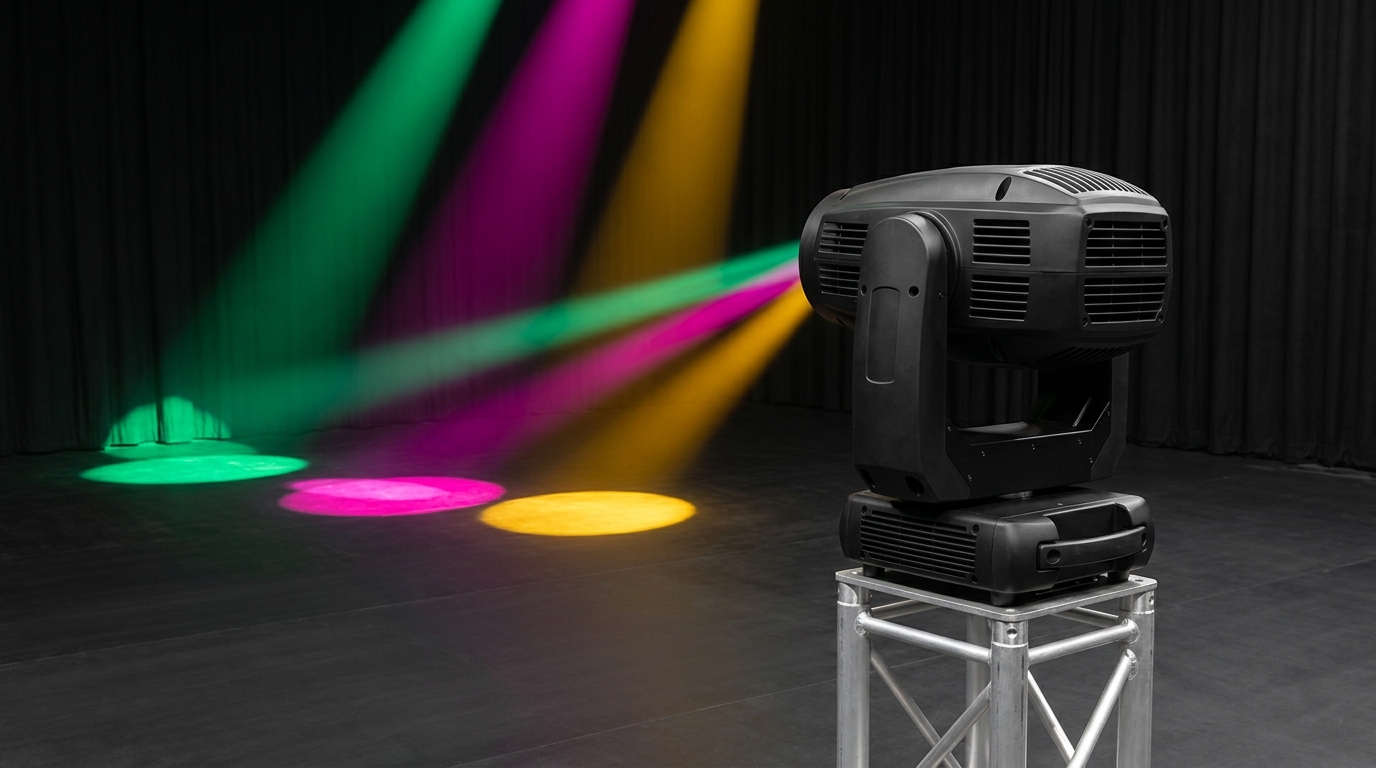 A versatile moving head stage lighting with a big head fixture projecting sharp, colorful beams on a dark concert stage.